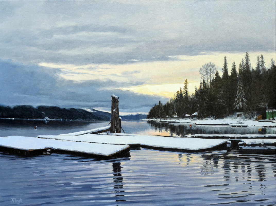 Painting of dock on water.