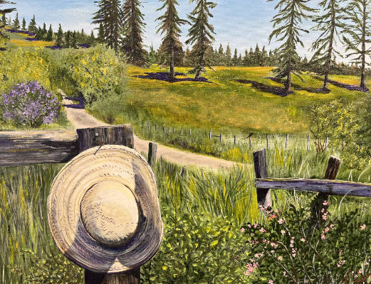 Painting of hat in front of field.