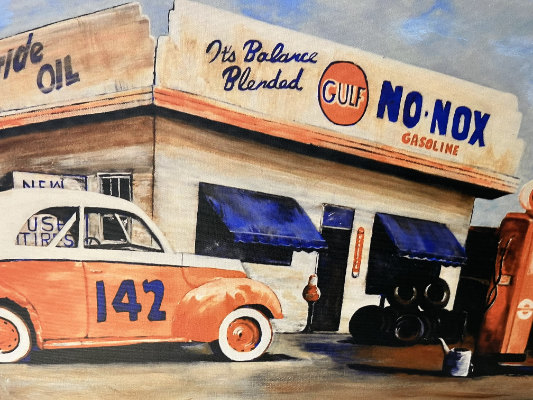 Painting of old car in front of gas station