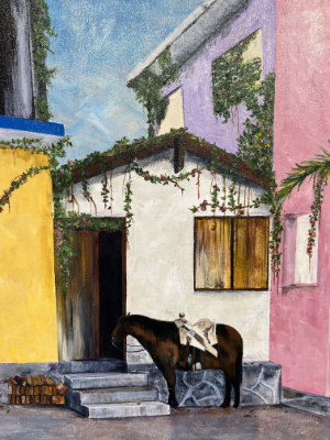 Painting of horse in front of buildings