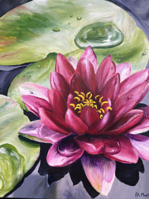 Painting of lily pad and flower by Pam Montgomery.